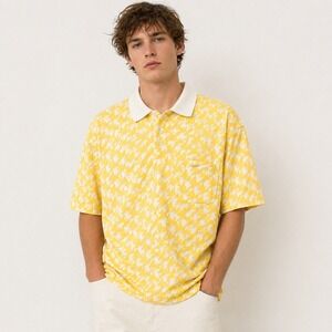 Vtg 80s CROCODILE Polo Shirt Mens XL Yellow White Geometric Sawtooth Golf Top